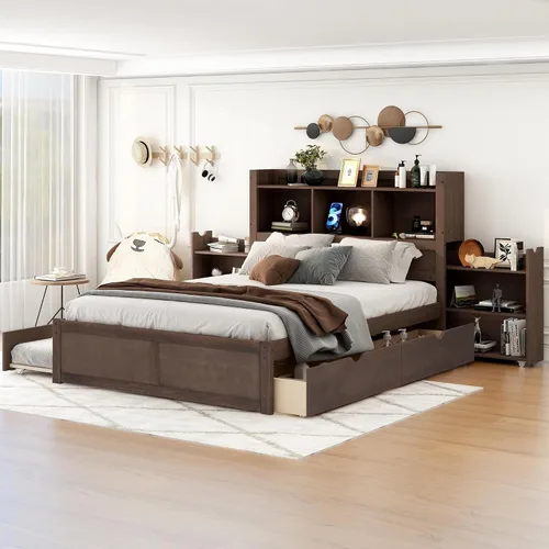 Vista 19 de Cama de plataforma de tamaño matrimonial con cajones y estantes de almacenamiento, base de cama de madera maciza, base de colchón con cabecera