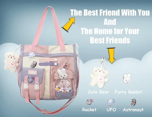 Vista 2 de Bolso de mano Kawaii con bonito dije de conejo y oso de felpa para niñas, mochila escolar para laptop, bandolera para estudiantes