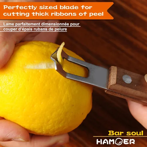 Vista 3 de Cuchillo de canal Zester - Herramienta de frutas y verduras para decorar cócteles, postres y ensaladas, mango de madera con punta de acero inoxidable