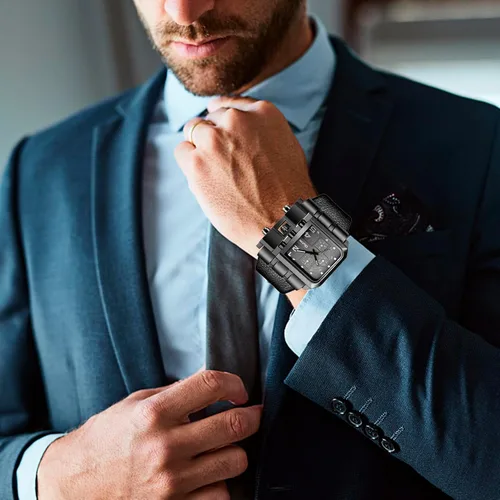 Vista 4 de GAOMON Reloj de pulsera rectangular de cuarzo para hombre con correa de cuero negro, acero inoxidable, impermeable, relojes analógicos de cuarzo