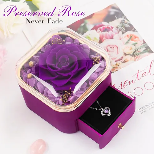 Vista 5 de Beferr Regalos de cumpleaños para mujeres, rosa real preservada con collar, rosas moradas eternas, flores para la entrega, aniversario, día de la A