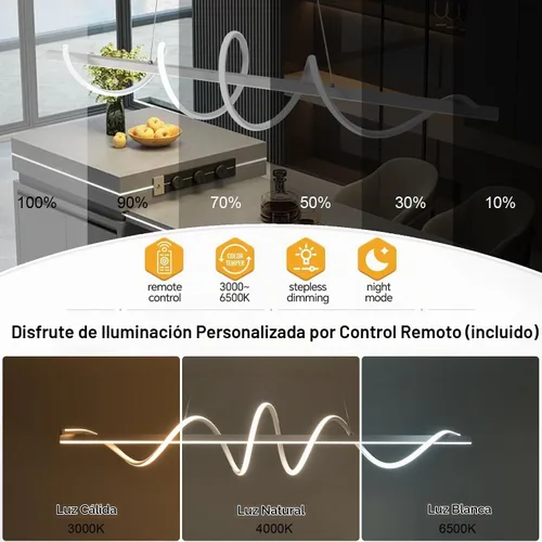 Vista 4 de Lámpara LED de 47.24 pulgadas regulable moderna lámpara colgante 3000K-6500K brillo de color ajustable con control remoto Blanco