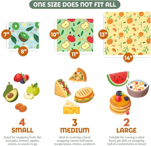 Vista 2 de Akeeko Envolturas reutilizables de cera de abejas – Surtido de 9 paquetes, reutilizables, sin plástico, almacenamiento de alimentos 4 pequeños, 3