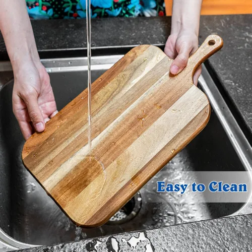 Vista 3 de Tabla de servir, tabla de cortar de madera de acacia con asa, tabla de quesos de madera, tabla de charcutería, tabla de madera para alimentos, pan