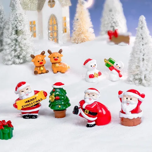 Vista 3 de 8 mini figuras de Navidad, Papá Noel, muñeco de nieve, alce y más, adornos de resina para árbol, jardín, globos de nieve y fiestas