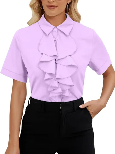 Vista 6 de Vrtige Women's Ruffle Front Collar Neck Button Down Short Sleeve Blouse Shirt Top