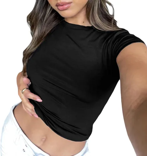 Vista 6 de Dupes Y2k - Camiseta corta de manga corta para mujer, ajustada, sexy, básica, lisa, con cuello redondo, ajustada, ajustada