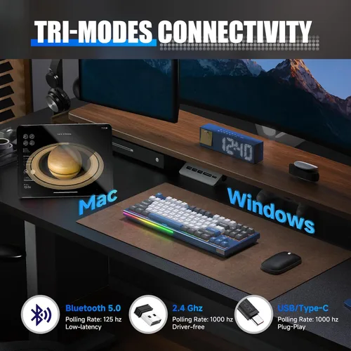Vista 3 de KEMOVE Teclado mecánico inalámbrico K87 TKL para juegos, intercambiable en caliente, retroiluminación RGB, programable, Bluetooth2.4GHzUSB-C, 80% 87