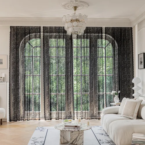 Vista 9 de Cortinas de encaje transparente negro floral de 84 pulgadas de largo, 2