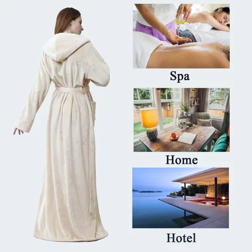 Vista 5 de Hellomamma Bata larga con capucha para mujer, lujosa franela de forro polar, bata de baño de longitud completa, pijama cálida de invierno, camisón