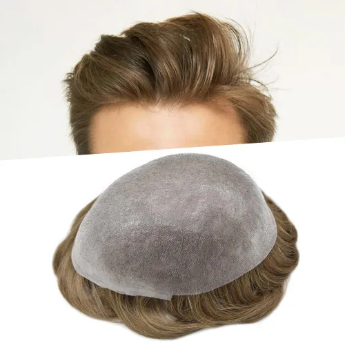 Vista 30 de Tupé de piel ultra fina para hombres pieza de cabello humano real sistema de reemplazo 0.002 in Mens Toupee Hairpiece para hombres V-Loop 8x10 80%