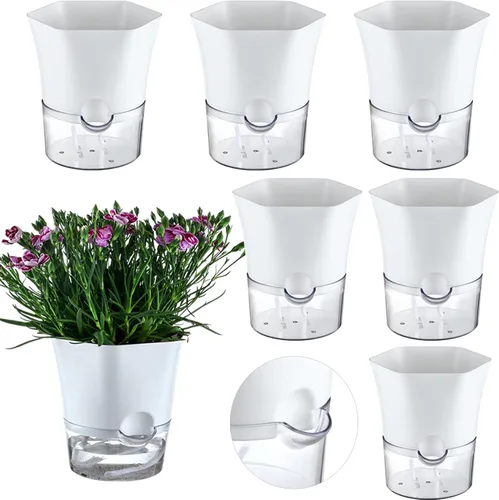 Vista 11 de Paquete de 3 macetas transparentes de riego automático de 7.8 pulgadas para plantas de interior, macetas hexagonales grandes con riego automático