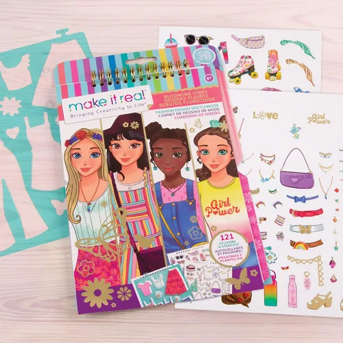 Vista 3 de Make It Real - Cuaderno de bocetos de diseño de moda: Blooming Vibes - Kit de diseño de moda para niños - Libro para colorear para niñas de 6 a 14