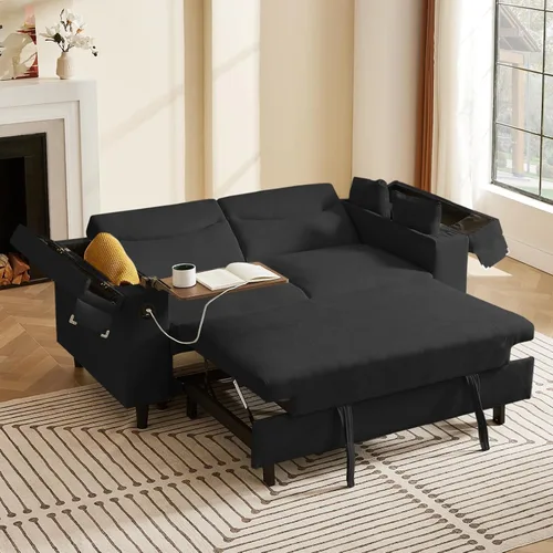 Vista 26 de Auvsoce - Sofá cama biplaza de 65 pulgadas, sofá convertible para sala de estar, sofá para RV con respaldo ajustable, chaise longue, mesa lateral