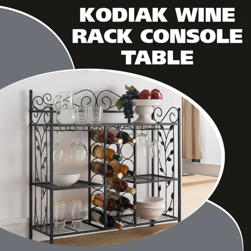 Vista 2 de Kings Brand Furniture - Mesa consola de metal para vino, armario de barra de licor con soporte para vidrio, mesa de sofá con estantes