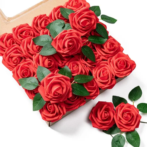 Vista 14 de Aegero Flores artificiales, 25 rosas falsas de espuma con tallos para ramos de boda, centros de mesa de despedida de soltera, arreglos, mesas