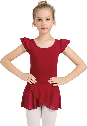 Vista 3 de DANSHOW Leotardos de ballet para niñas con falda de pétalos de manga con volantes y espalda con lazo