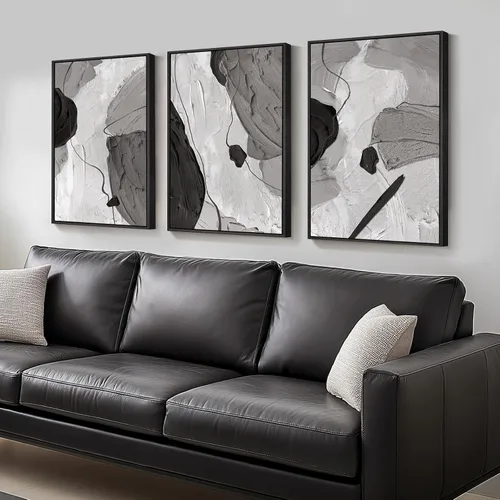 Vista 15 de Arte de pared abstracto moderno enmarcado en blanco y negro, 3 piezas de impresiones en lienzo pinturas obras de arte para paredes, cuadros Negro