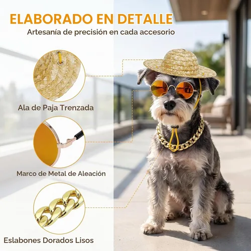 Vista 7 de 6 piezas de disfraz de perro y gato, lentes de sol retro para mascotas, collar de cadena dorada ajustable y sombrero de paja, accesorios divertidos