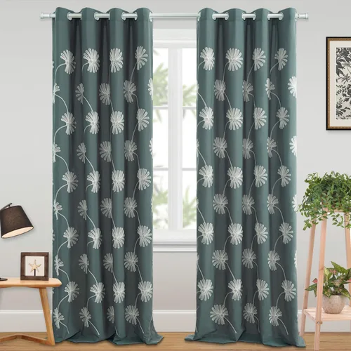 Vista 24 de VOGOL - Cortinas con ojales bordadas con patrón floral elegante de lino sintético, 2 paneles, 60% opacas con aislamiento térmico, cortinas pesadas