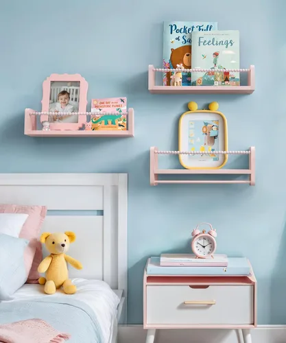 Vista 2 de Maxpeuvon Estantes para libros de guardería, juego de 3 estantes para niños, organizador de pared de madera natural con toallero, decoración Rosa