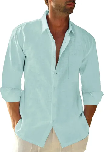 Vista 11 de JEKAOYI - Camisas de lino con botones para hombre, de manga larga, ajuste regular, de algodón, camisas de playa con bolsillo