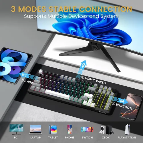 Vista 3 de Redragon K742 Teclado Mecánico Inalámbrico para Juegos con Perilla, Bluetooth 5.0/2.4GHz/USB C Teclado Cableado Cremoso con Teclado Numérico