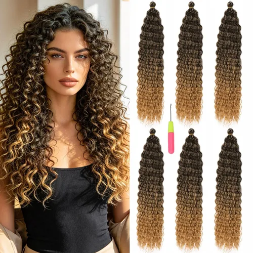 Vista 31 de MAYSA Cabello ondulado de ganchillo azul, cabello ondulado con ganchillo para mujer, extensiones de cabello sintético de onda profunda de 22