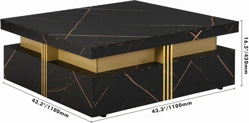 Vista 2 de SSLine Moderna mesa de centro cuadrada de color negro y dorado, mesa de centro de cóctel de mármol sintético de lujo con 4 cajones de Mármol negro