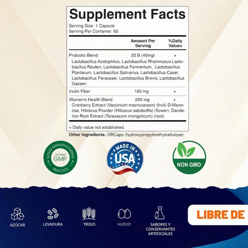 Vista 2 de Vitamatic Probióticos vaginales para mujeres – 20 mil millones de UFC, equilibrio de pH y control de olores, 60 cápsulas DR con prebióticos