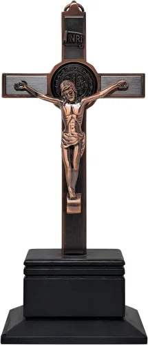 Vista 8 de Dvdmatinemovies - Crucifijo de metal de San Benito - Cruz de pared religiosa de 9 pulgadas y cruz de mesa con Jesucristo e INRI - Crucifijo de metal