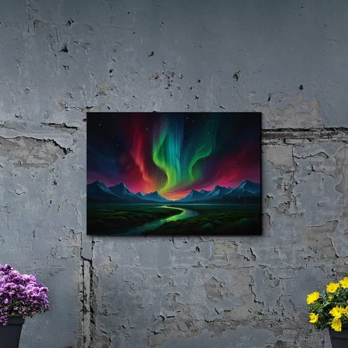 Vista 3 de Aurora Borealis, Northern Lights Art, framed canvas print, snow capped mountain landscape art, synthwave vaporwave, Home Decor, Wall