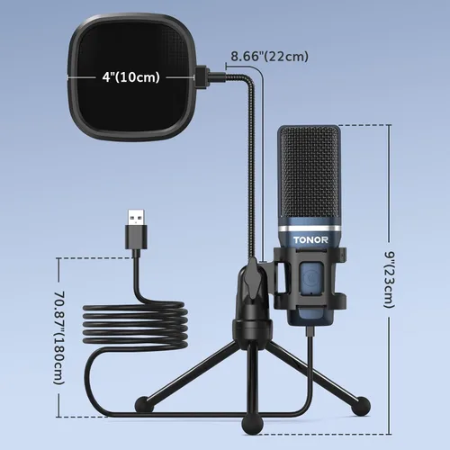 Vista 8 de TONOR TC-777 - Micrófono de podcast, micrófono de computadora USB, micrófono de condensador cardioide para PC con soporte de trípode y filtro pop
