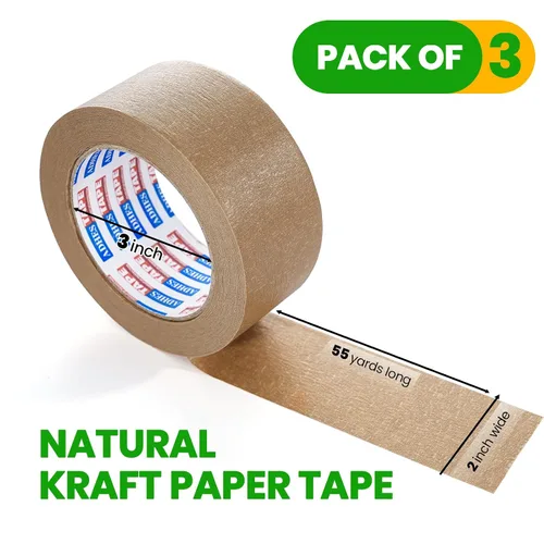 Vista 6 de ADHES - Cinta de papel kraft biodegradable, 2 pulgadas x 55 yardas, 3 rollos de cinta de embalaje de papel ecológica, escribible y sin