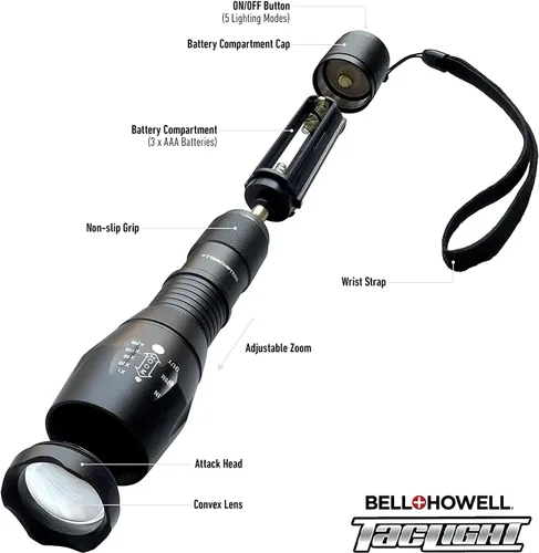 Vista 6 de Bell+Howell TacLight - Linterna LED brillante, linterna táctica, función de zoom, 5 modos, bombilla de 100,000 horas, resistente al agua, duradera