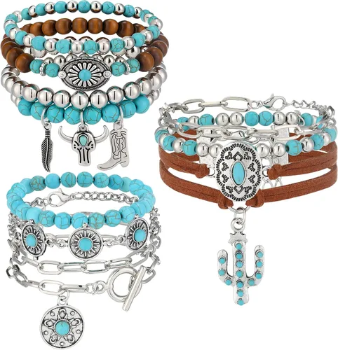 Vista 10 de Inbagi 3 piezas pulsera de turquesa para mujer pulsera de cuero joyería occidental para mujer brazalete plateado tipo pulsera