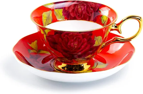 Vista 7 de Taza de té y platillo de porcelana de hueso rosa de tallo (negro)