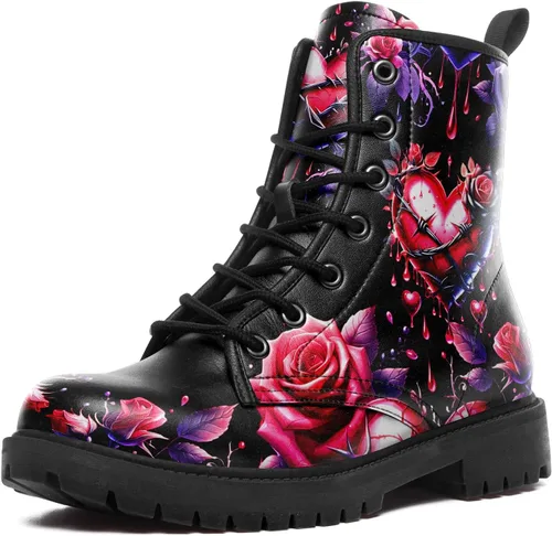 Vista 13 de Botines de combate para mujer, con estampado de corazón, botines cortos de moda con rosas y calavera, botas de trabajo duraderas con cordones
