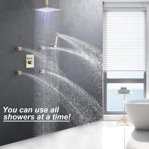 Vista 2 de Sistema de ducha de lluvia de oro cepillado, ducha de cuerpo completo Enga de 12 pulgadas con chorros corporales, juego combinado de ducha moderno