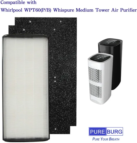 Vista 2 de PUREBURG WPT60 Juego de filtros de repuesto – 2 filtros HEPA + 4 prefiltros de carbón activado compatibles con Whirlpool WPT60 (P/B) Whispure torre