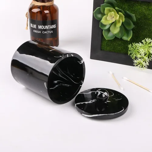 Vista 5 de Dispensador de soporte Qtip para baño con tapa, soporte para hisopos de algodón de tocador, recipiente de bola de algodón de resina, esponjas
