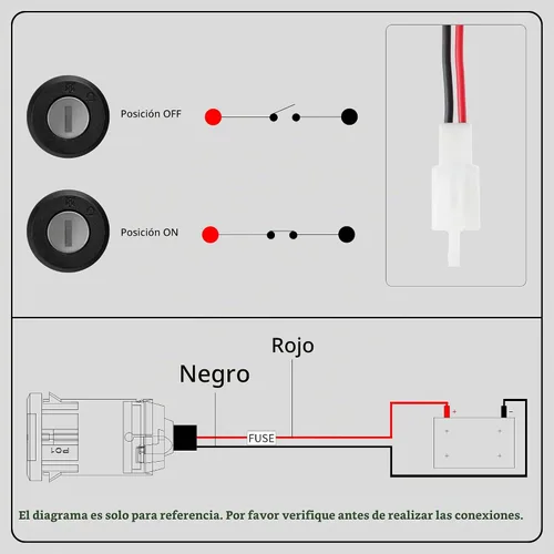 Vista 3 de Wingsmoto de llave de contacto eléctrica de dos cables con cerrojo para motocicletas, con 2 posiciones