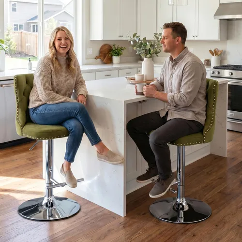 Vista 152 de SoarFlash Juego de 2 taburetes de bar tapizados de terciopelo moderno con patas de madera, botones acolchados, cabeza de clavo cromada, asiento