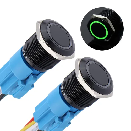 Vista 15 de 2 piezas de interruptor de botón de cierre antivandálico de metal impermeable de 0.630 in, carcasa negra autobloqueante con enchufe precableado