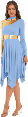 Vista 21 de Vestido de mujer de alabanza litúrgica con bloques de color, sin mangas, con dobladillo irregular, de estilo lírico para danza Borgoña