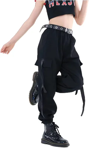 Vista 18 de Rolanko - Pantalones cargo para niñas, ropa callejera holgada, de hip hop, para bailar, de algodón, jogger para niños de 4 a 15 años Verde militar