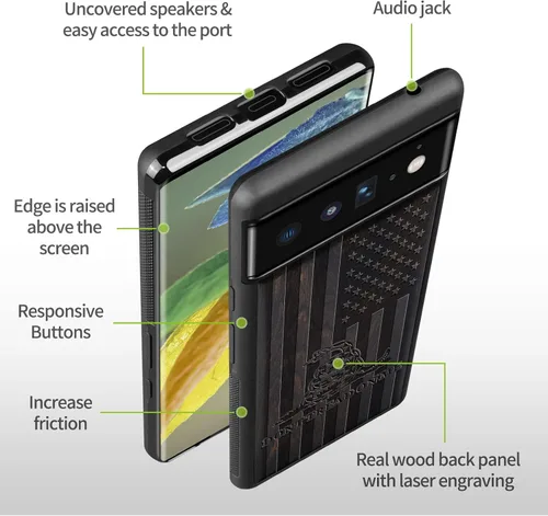 Vista 9 de Carveit Funda de madera para Pixel 6 Pro [madera real dura y TPU suave] a prueba de golpes, funda de madera única y elegante compatible con Google