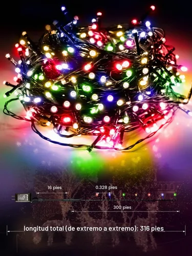 Vista 6 de ROOR Guirnalda de 1000 luces LED de 300 pies para exteriores, luces de árbol de Navidad multicolor con control remoto, 8 modos de luz de hadas