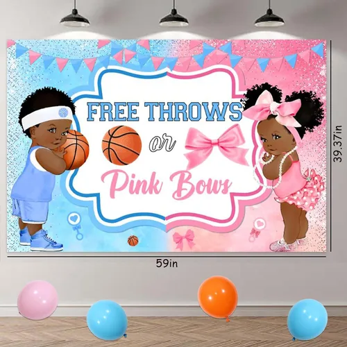 Vista 5 de Decoraciones de baloncesto o moños para revelación de género – telón de fondo de mantas gratis o lazos rosados, pancarta, decoración de pastel