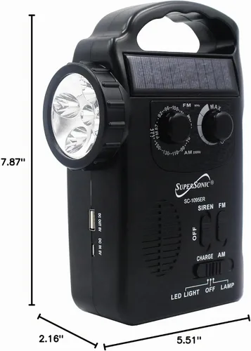 Vista 9 de Supersonic SC-1095ER Radio de emergencia solar/manivela con linterna, 3 fuentes de alimentación, linterna de emergencia, altavoz, radio AM/FM, panel